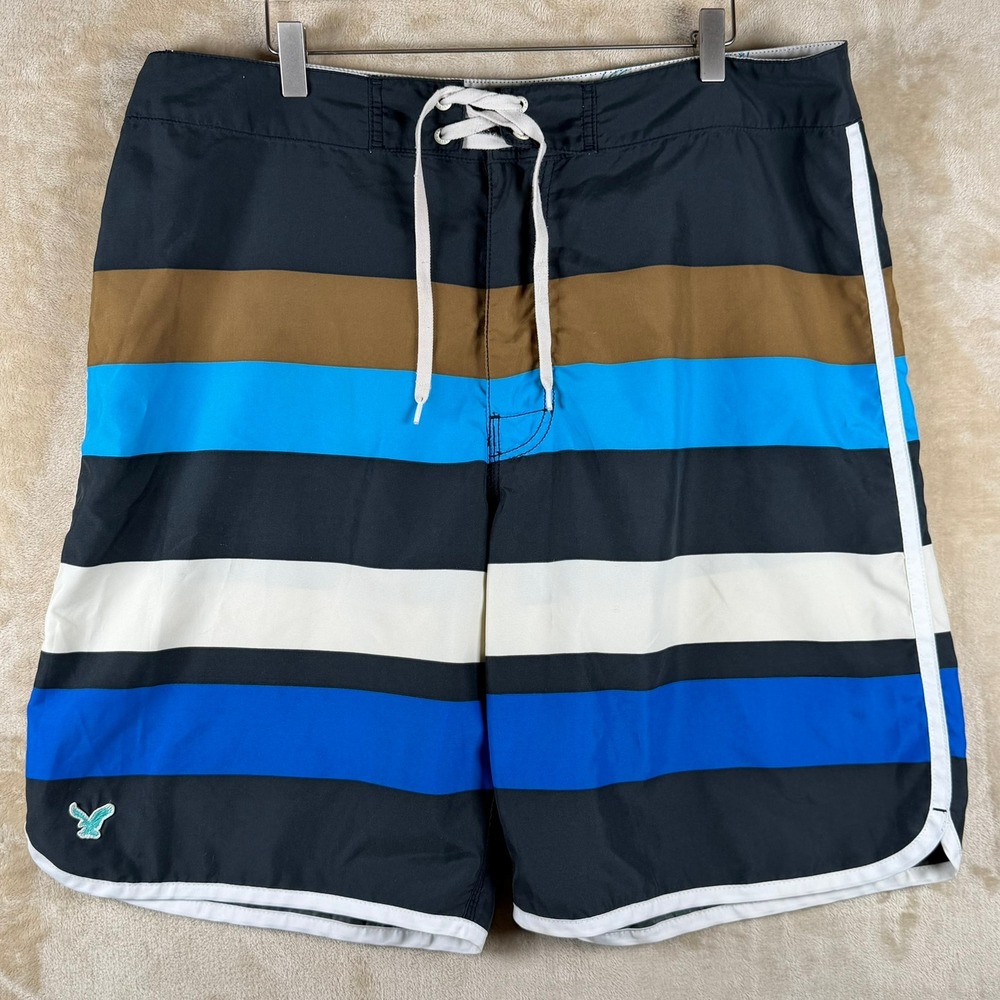 American Eagle Men 38 Striped Board Shorts Colorblock Blk Blue Brown White Swim